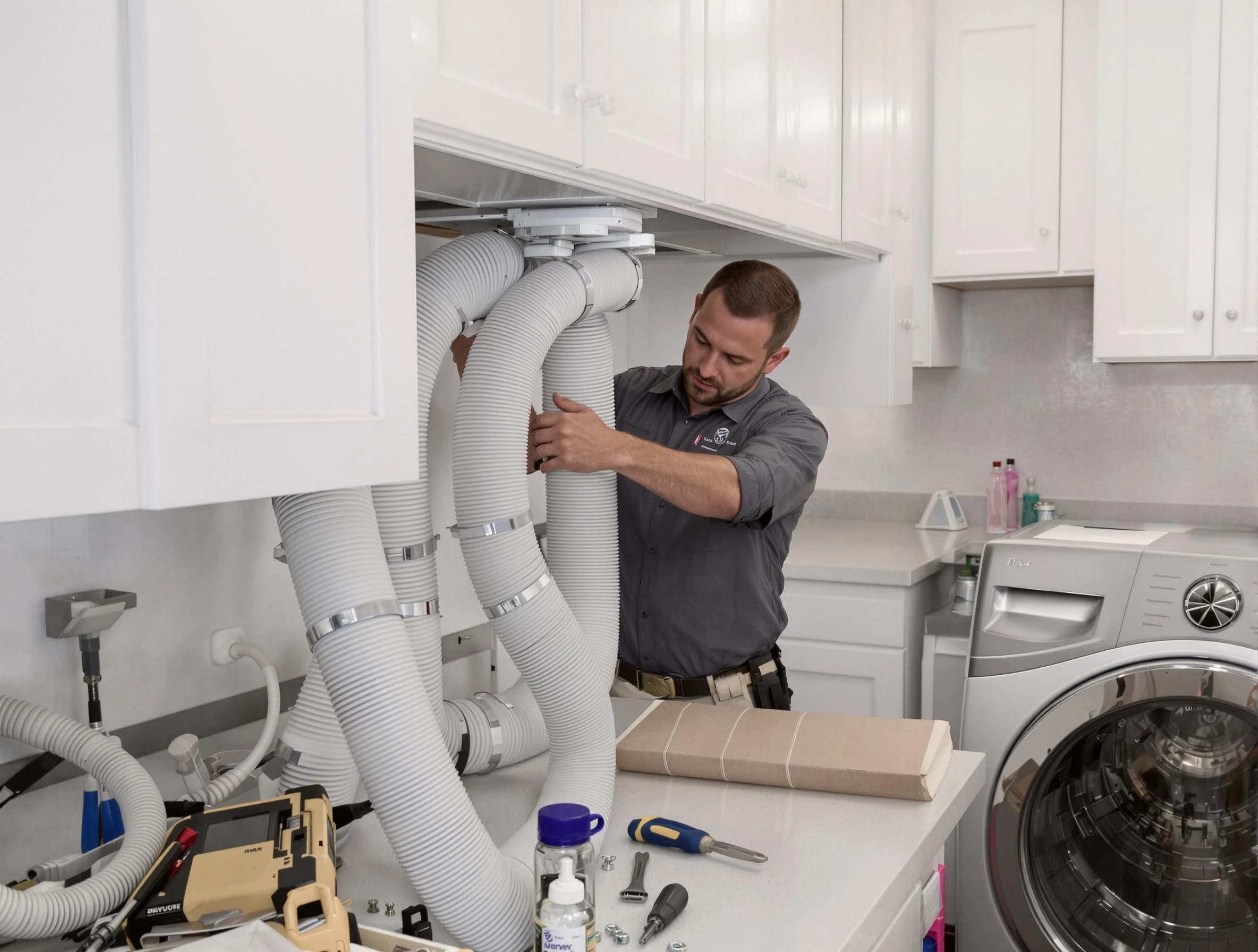 Highland Lakes Dryer Vent Cleaning technician installing a new professional-grade dryer vent hose in Highland Lakes