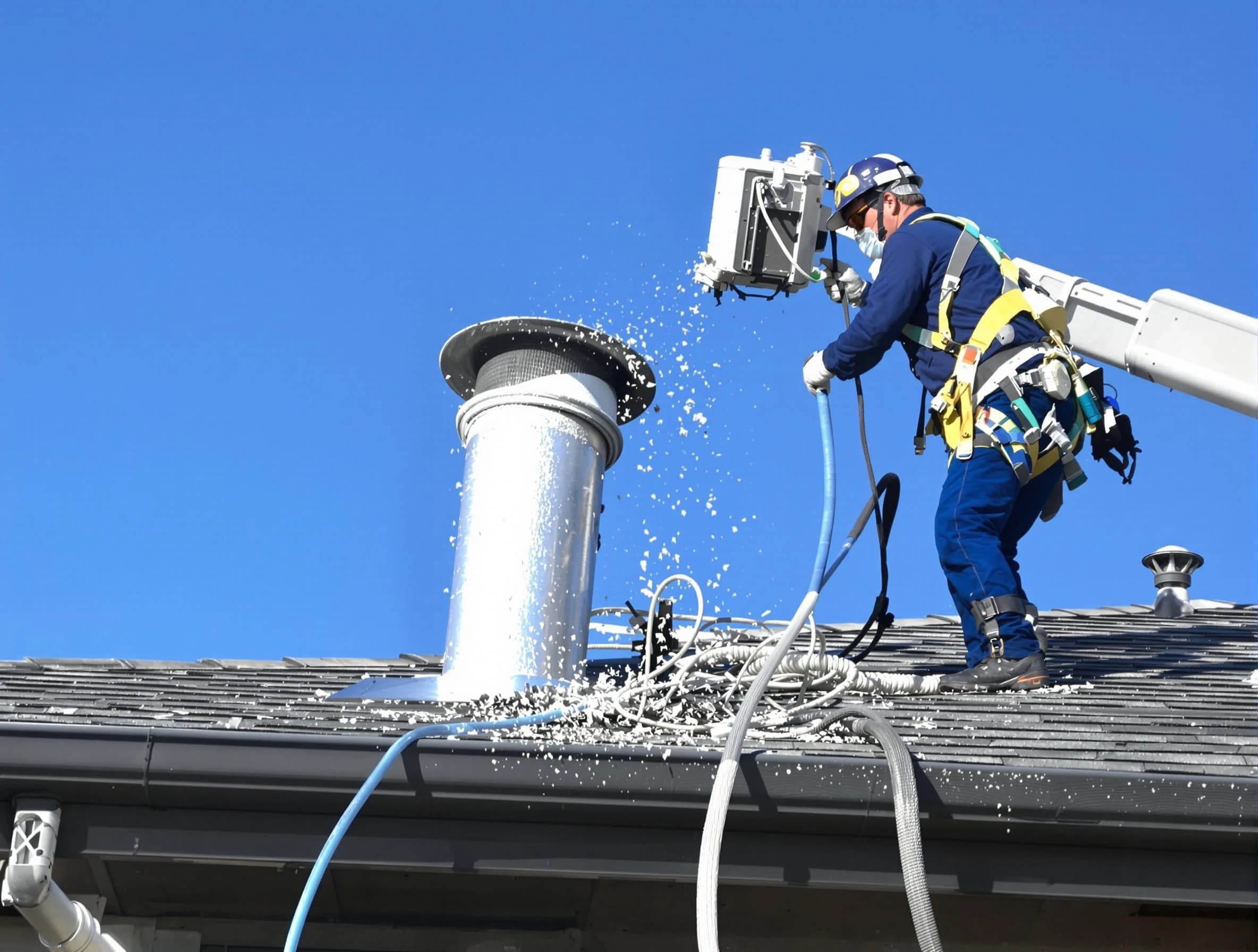 Highland Lakes Dryer Vent Cleaning certified technician safely cleaning a roof-mounted dryer vent in Highland Lakes