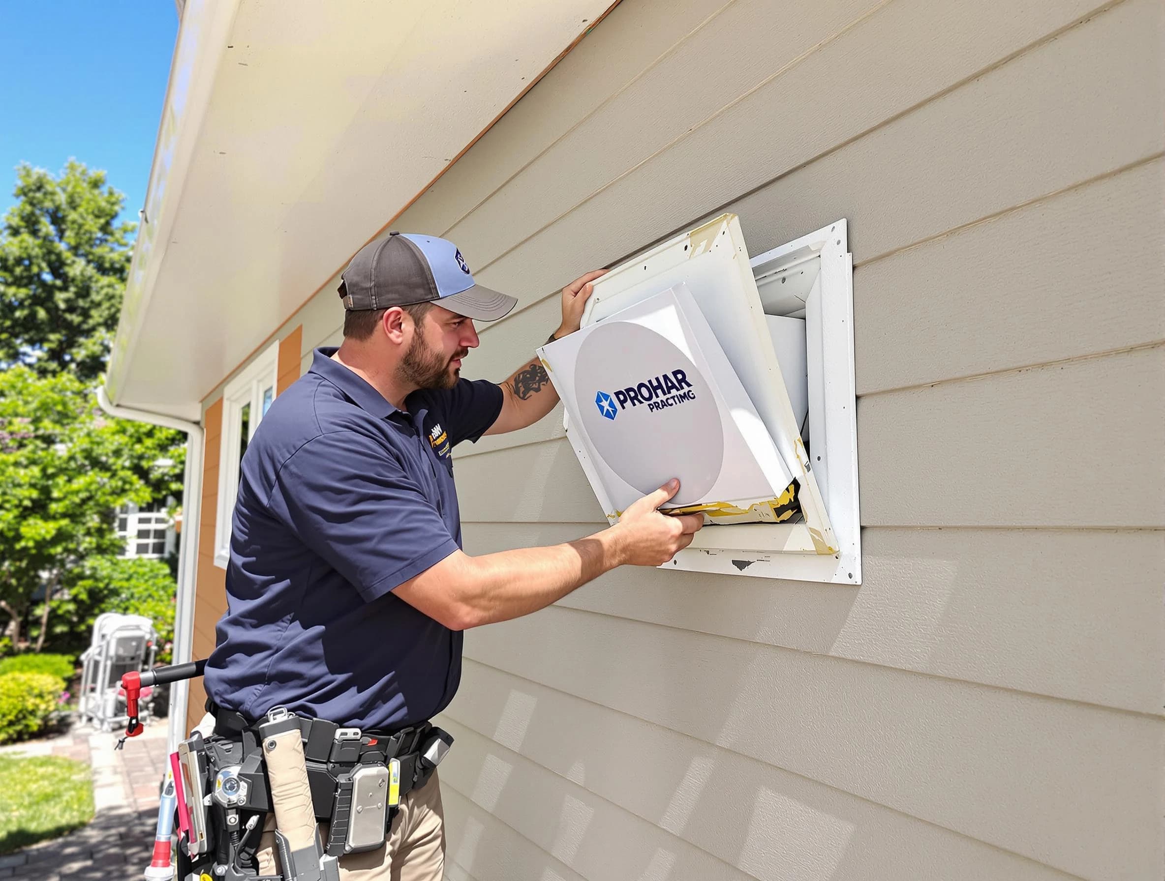 Highland Lakes Dryer Vent Cleaning technician installing a new protective dryer vent cover on a home in Highland Lakes