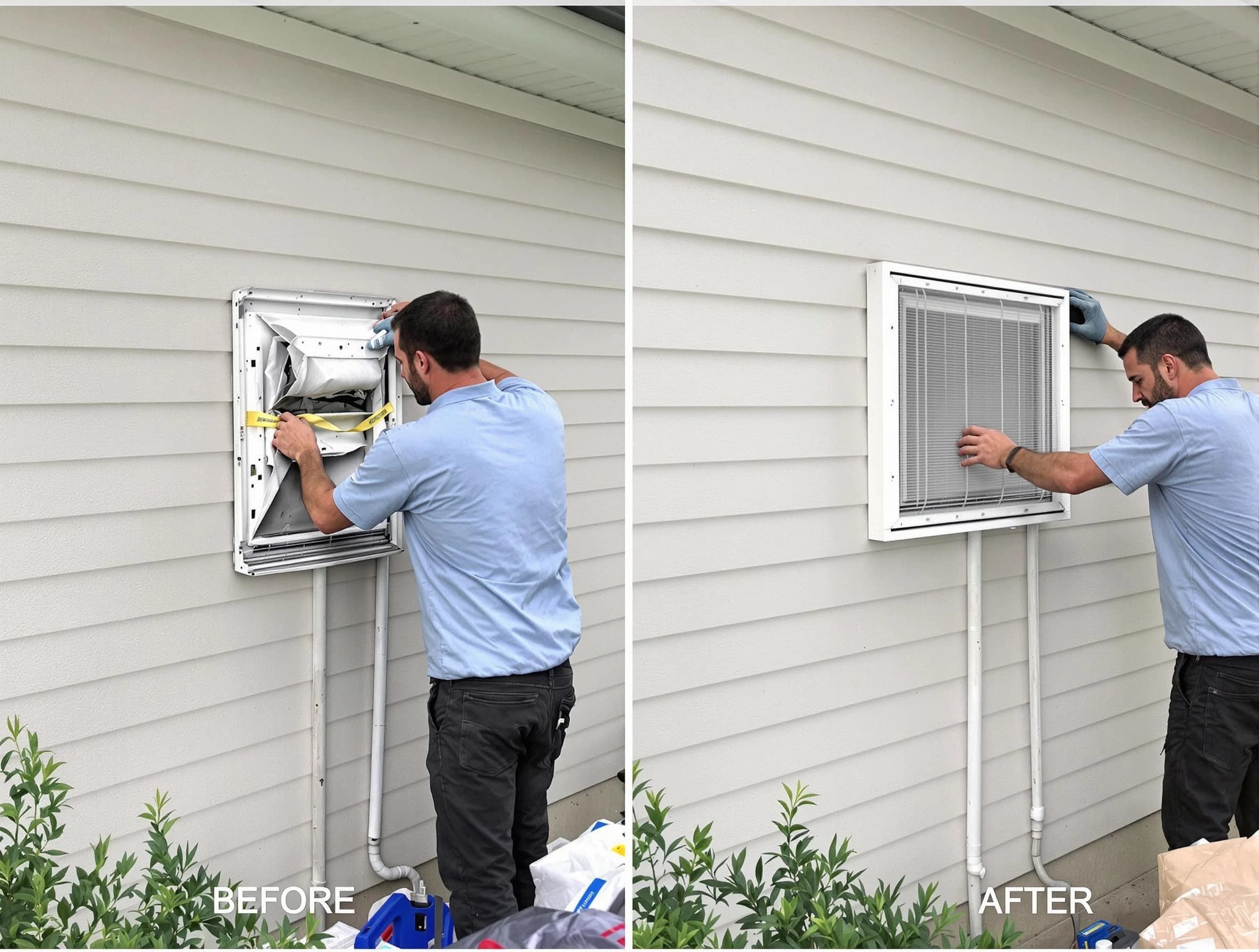 Highland Lakes Dryer Vent Cleaning technician installing high-quality dryer vent cover at a residential property in Highland Lakes